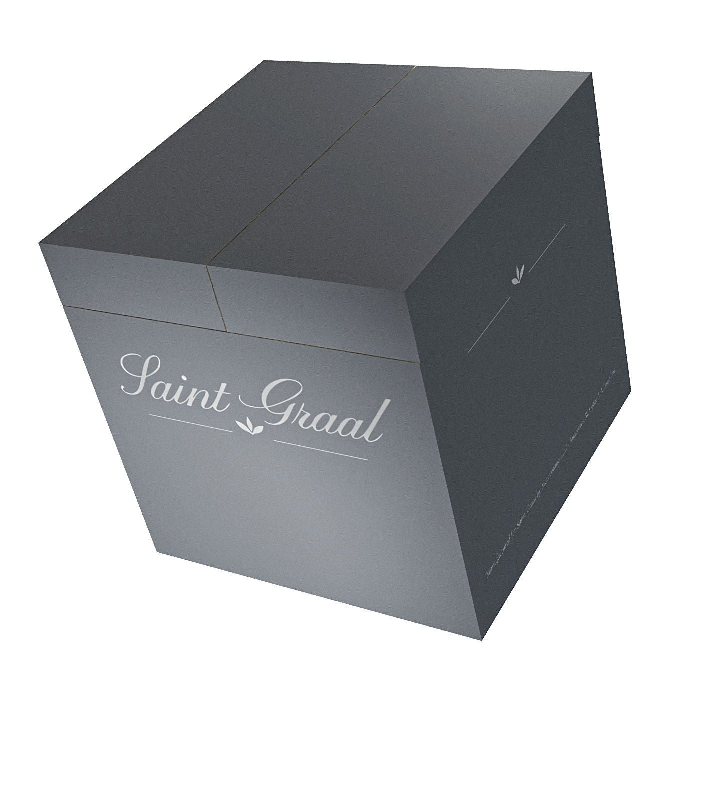 The Saint Graal box — a soft-touch slate cube with the wordmark in white script